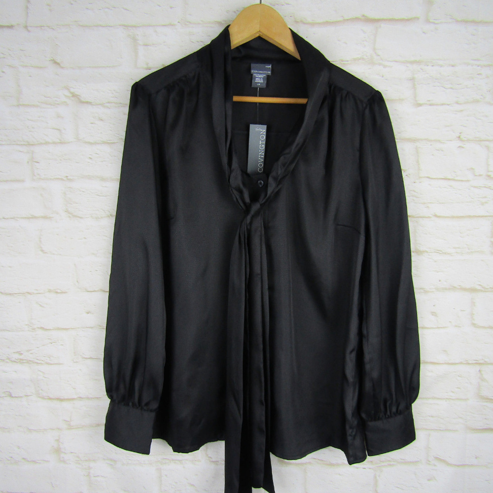 NWT Covington Shirt L Black Tie Front Blouse Fancy
